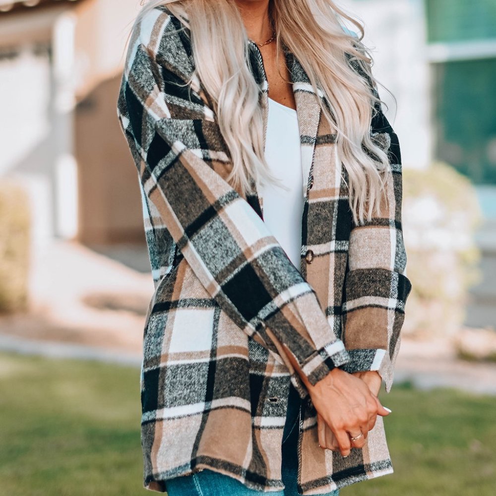 Plaid Printed Button Up Shirt Jacket Shacket Flannel with Pockets - Picture 3 of 3